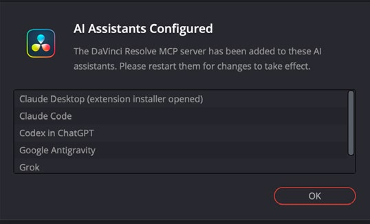 Conferma DaVinci Resolve con gli assistenti IA configurati per il MCP locale