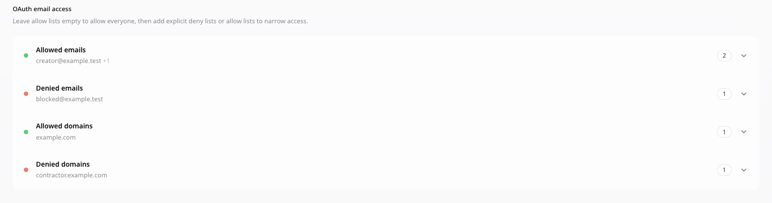 허용 및 거부 이메일과 도메인이 있는 Prostir Agent OAuth 접근 정책