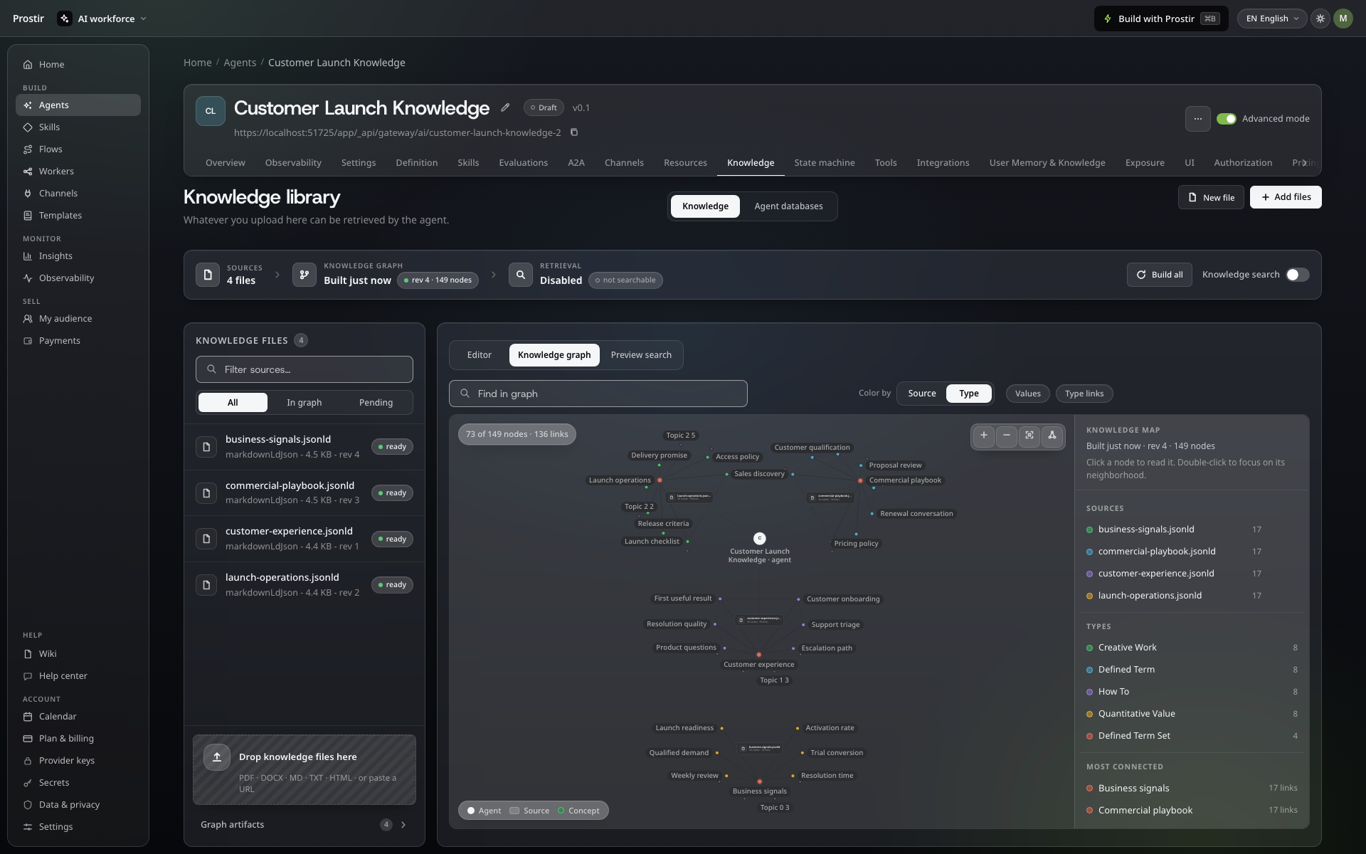 Agent knowledge graph with connected concepts, source filters and graph search