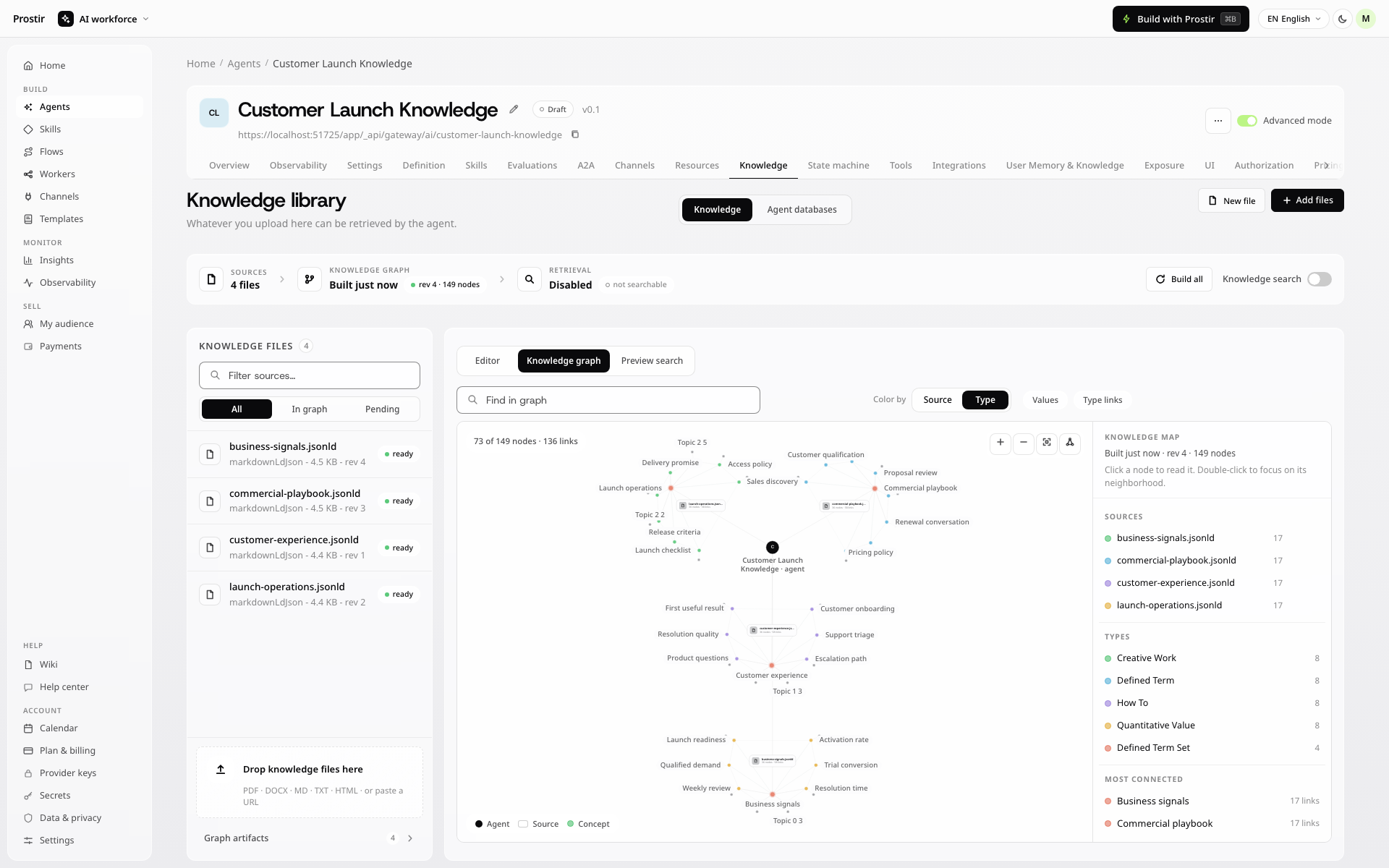 Agent knowledge graph with connected concepts, source filters and graph search