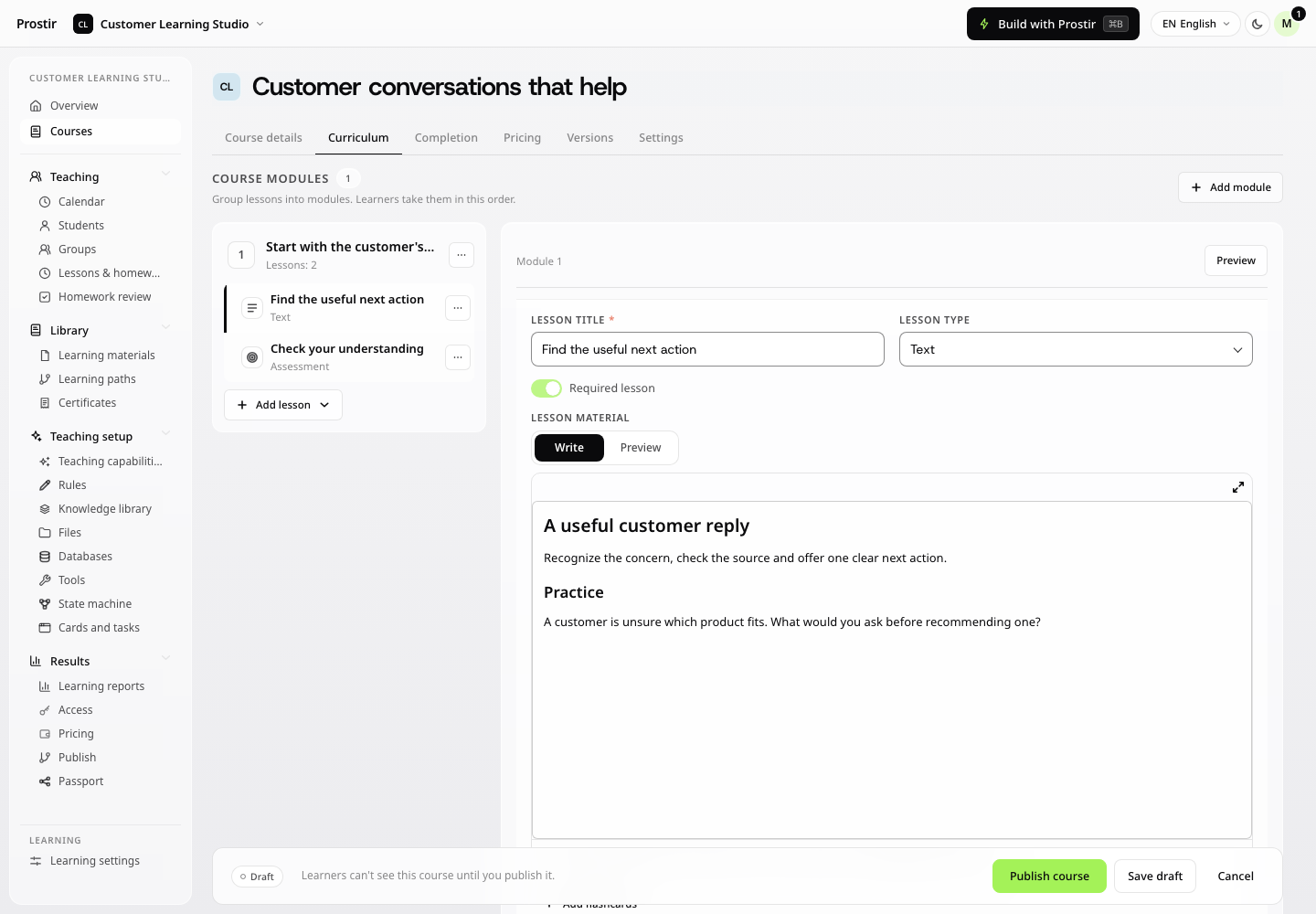 Learning course editor with a customer conversations lesson