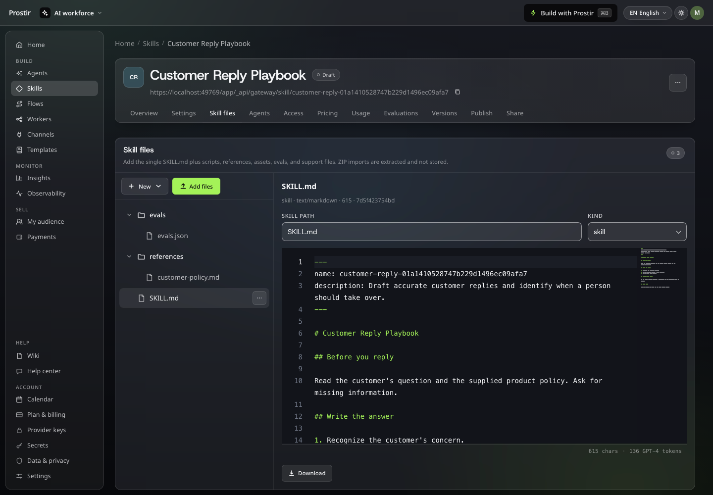 Skill file editor containing a customer reply playbook