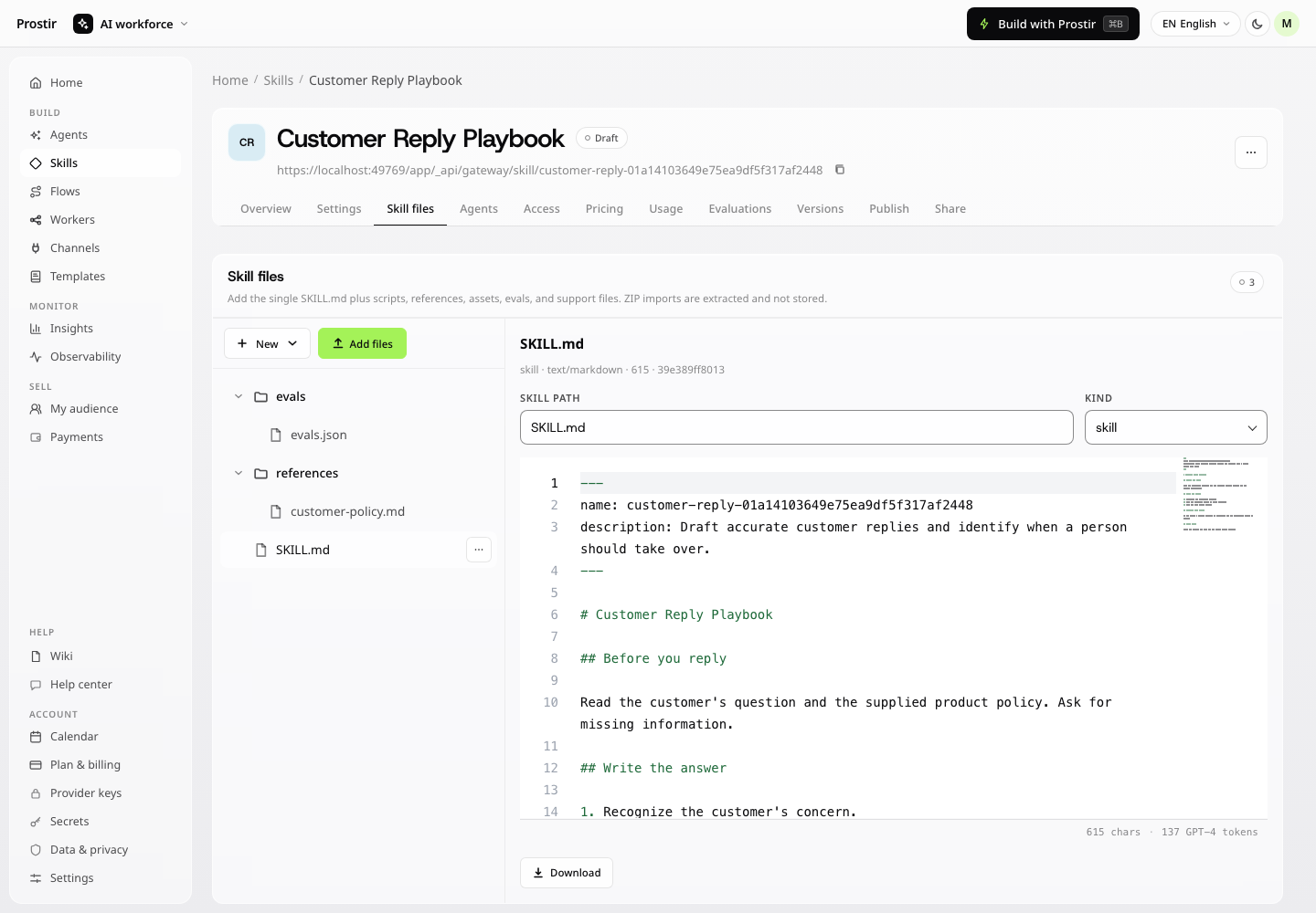 Skill file editor containing a customer reply playbook
