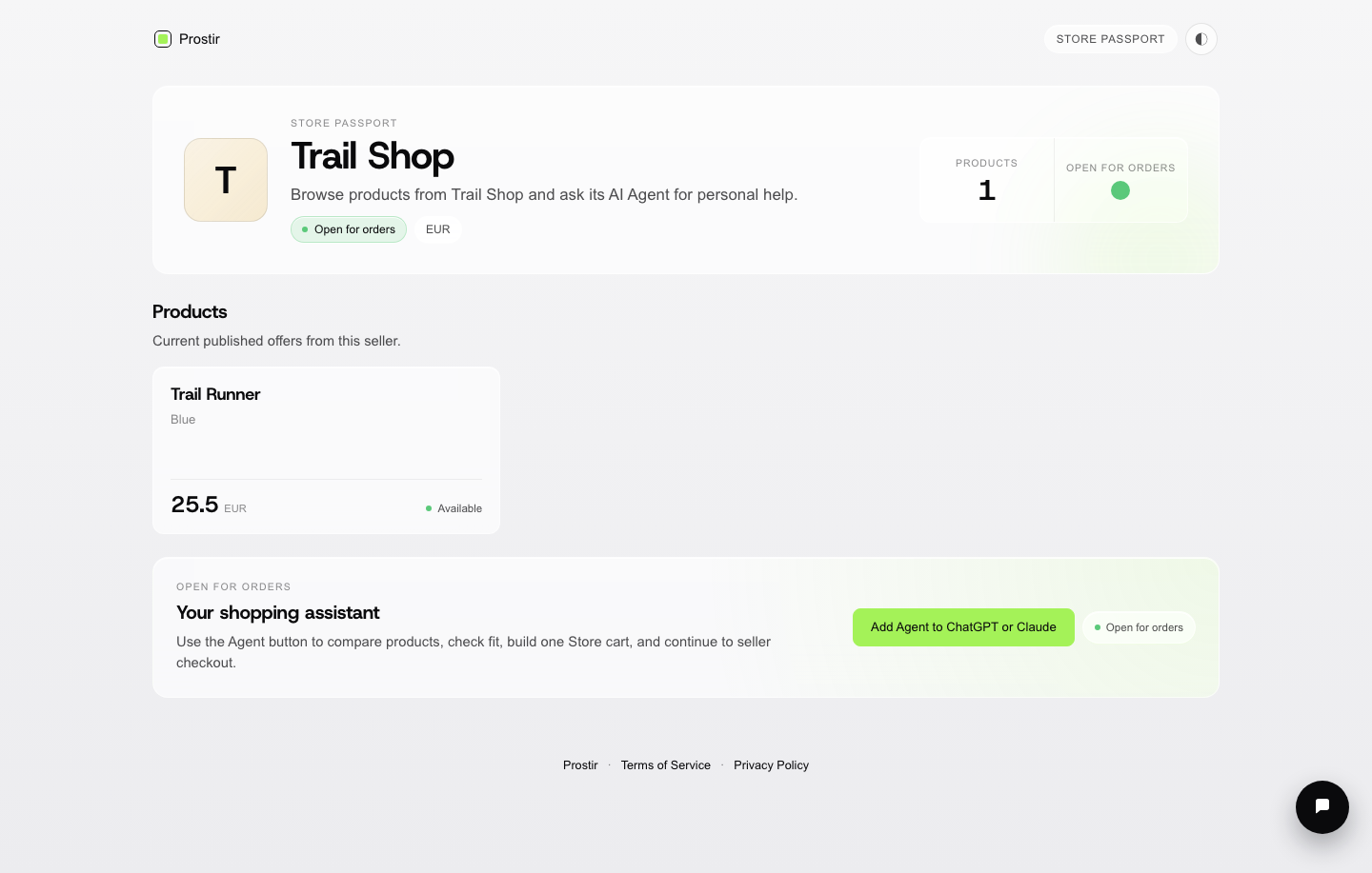 Passaporte público do Prostir Store com uma oferta de produto e acesso ao assistente de compras com IA
